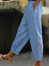 cheap Bottoms-Women's Cotton Linen Pants Chinos Summer Pants Vacation Streetwear Casual Full Length Medium Waist Plain Pocket Elastic Waistband Comfortable Breathable Inelastic Daily Outdoor Street White Sky Blue