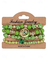 baratos Acessórios-Conjunto de pulseiras femininas para o Dia de São Patrício, pulseiras empilháveis de várias voltas com contas verdes, estilo trevo da sorte, materiais de liga metálica e cristais sintéticos, joias festivas irlandesas para mulheres.