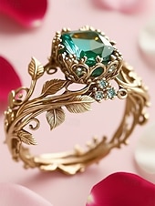 cheap Valentine's Day-Women's Alloy Green Gemstone Leaf Design Ring, Available in Multiple Colors, Perfect for Valentine's Day Outfits