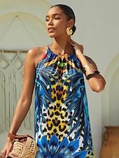 economico abito casual stampato-abito lungo leopardato in seta, perfetto per una festa selvaggia nella giungla.