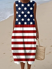 رخيصةأون فستان يوم الاستقلال-قميص يوم الاستقلال الوطني مثل فستان ميدي للنساء من الكتان فستان الشمس فستان شيفت فستان A Line عطلة كاجوال بوهيمي شاطئي حفلة الخروج مقاس واسع مزخرف بأشكال هندسية نجوم وخطوط بدون أكمام برقبة دائرية