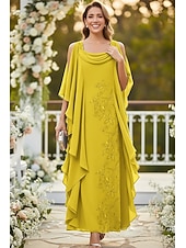 cheap Ankle Length-Sheath Column Ankle Length Party Dress Cocktail Dress Wedding Guest Dress Mother of the Bride Dress Half Sleeve Cowl Neck Elegant Simple Wedding Guest Chiffon with Tier Embroidery Cascading Ruffles
