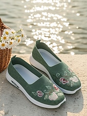 Χαμηλού Κόστους Γυναικεία Sneakers-Γυναικεία πράσινα slip-on αθλητικά παπούτσια με κέντημα λουλουδιών – αναπνεύσιμα πλεκτά παπούτσια για περπάτημα σε εξωτερικούς χώρους, ταξίδια και θηλασμό