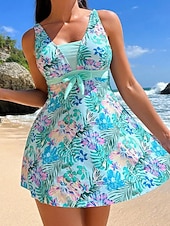 رخيصةأون السباحة-نسائي ملابس السباحة تانكيني 2 قطعة مايوه روب ملابس السباحة بدون ظهر العطلة ملابس الشاطئ ورد الرسم V رقبة بدون كم بدلة سباحة