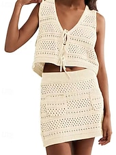 お買い得  ビーチドレス-女性用 スイムウェア 2ピース スカート 水着 切り抜き ニット 旅行度假风 ビーチウェア 平織り Ｖネック ノースリーブ 水着