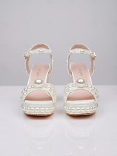 abordables mariée-Femmes Chaussures de Mariage Mariage Talons de Mariage Sandales de Mariage Chaussures de Mariée Perle Imitation Talon épais Bout ouvert Mode PU À lacets Blanche Beige