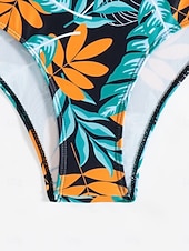 economico Set bikini 3 pezzi-Costume da bagno tre pezzi bikini da donna palme controllo della pancia snella senza schienale abbigliamento da spiaggia floreale foglie scollatura a V senza maniche