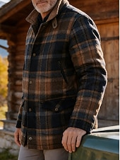 abordables Chaquetas Informales-Hombre Abrigo de invierno Chaqueta de lana Chaqueta casual Casual Diario Mantiene abrigado Bolsillo Otoño Invierno Plaid Ropa de calle Diario Cuello Vuelto Regular Marrón Chaquetas