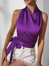 Недорогие Нарядные блузки-Жен. Блуза Открытая спина Полотняное плетение Стиль Секси Без рукавов НАЙКА НЕКО Обычные топы Праздники На выход Синий Черный Цвет шампанского Светло-зеленый Лиловый Лето Весна