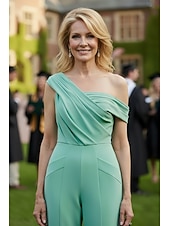 preiswerte Overalls für Mütter-Overalls Bodenlang Brautmutterkleid Ärmellos Ein-Schulter Elegant Einfach Formell Hochzeitsgast Abschlussfeier mit Gerafft