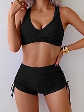 abordables Conjuntos de bikini-Bikini de mujer de 2 piezas bañador bragas delgadas espalda descubierta vacaciones playa ropa color sólido cuello en v sin mangas trajes de baño