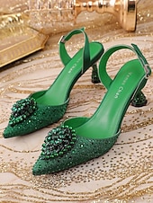  Women's Green Rhinestone Slingback Heels, Elegant Pointed-Toe Dress Shoes for St. Patrick's Day Party