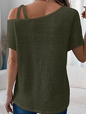 abordables Camiseta lisa-Mujer Camiseta Color sólido Vintage Elegante Manga Corta Cuello asimétrico Tops regulares Diario Noche Fin de semana Negro Blanco Rosa Caqui Verano Primavera