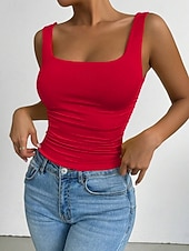 baratos Plain Tank-Women's Camisole Tank Top Solid Color Stylish Casual Sleeveless Square Neck Regular Tops Daily White Yellow Wine Red Royal Blue Summer