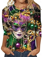 levne Dámské Mardi Gras Oblečení-Karnavalové dámské tričko s potiskem grafika geometrické vintage stylové moderní dlouhý rukáv klasický výstřih běžné topy denní víkendový potisk purpurová léto jaro