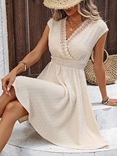 abordables Robe Simple-Femmes Mini Robe Robe trapèze Robe d'été Occasionnel Quotidien Coupe régulière Uni Manche Courte Col en V Abricot Été