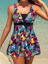 رخيصةأون مايوهات تانكيني-تانكيني نسائي من قطعتين مع تنورة بنمط النخيل بدون ظهر لعطلة الشاطئ بنقشة استوائية ريشة بدون أكمام