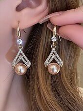 abordables Boda ACC-Pendientes colgantes de perlas artificiales para mujer, elegante diseño geométrico con detalles de cristal, estilo nupcial clásico, para novias, ceremonias de boda y eventos formales de noche.