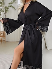 abordables Combinaisons pour femmes-Femmes Robe Occasionnel Doux Satin Couleur Unie Dentelle Quotidien Maison Lit manche longue Col en V Noir Blanche Été Coupe régulière