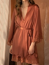 abordables Combinaisons pour femmes-Femmes Robe Chemise de Nuit Ensemble Pyjama Occasionnel Doux Satin Couleur Unie Dentelle Robes Quotidien Maison Lit manche longue Bretelles Noir Blanche Rose Claire Vin Marron Été Coupe régulière