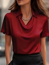  Dames Overhemd Elegant satijnen top Blouse Effen Elegant Stijlvol Korte mouw Overhemdkraag Normale tops Dagelijks Feestdagen Uitgaan Wit Champagne Wijn Grijs Zomer Lente