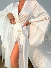 abordables Combinaisons pour femmes-Femmes Robe Occasionnel Doux Satin Couleur Unie Dentelle Quotidien Maison Lit manche longue Col en V Noir Blanche Été Printemps Coupe Ample