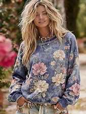 economico Felpe Floreali-Per donna Felpa Pullover Floreale Casual Manica Lunga Girocollo Top Regolari Casuale Streetwear Abbigliamento Quotidiano Blu Viola Grigio Primavera Autunno Inverno