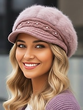 levne Dámské klobouky-Dámská polyesterová čepice z umělé kožešiny, zdobená perlami, dostupná v několika barvách, ideální pro zimní outfity