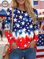  Giorno dell'Indipendenza Maglietta da Donna Patriottica Grafica Bandiera Stile Casual Maniche Lunghe Collo Girato Regolare Top Giornaliero Stampa Blu Bianco Rosso Estate Primavera