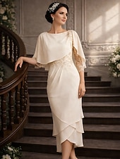 voordelige Enkel Lengte-Strak kolom Over de knie Feestjurk Cocktail jurk Bruiloft gast jurk Moeder van de bruid jurk 3/4 mouw Ronde hals Elegant Petite Bruiloft gast Cocktailparty Bruiloft Chiffon met Kant Lagen Appliqués