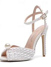 Недорогие Невеста-женские туфли на шпильке, украшенные жемчугом — элегантные свадебные туфли с ремешком на щиколотке и открытым носком