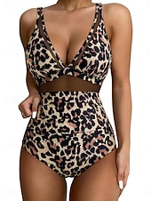 رخيصةأون مايوه قطعة واحدة-نسائي ملابس السباحة قطعة واحدة ملابس البحر ملابس السباحة شبكة بنطلون رياضي للبطن عالي الخصر ضعيف بدون ظهر العطلة ملابس الشاطئ جلد نمر أوراق V رقبة بدون كم بدلة سباحة