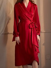 levne Dámské dupačky-Dámské Župan Na běžné nošení Měkké Satén Čistá barva Nabírané šaty Šněrování Denní Domů Postel Dlouhý rukáv Do V Černá Bílá Šampaňská Světlá růžová Fialová Léto Jaro Běžný