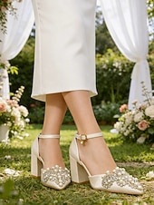 cheap Bride-Women's Pearl and Rhinestone Block Heels – Pointed-Toe Satin Bridal Wedding Pumps – Elegant Ivory High Heels