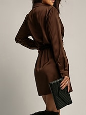 abordables mini robe noire-Femmes Mini Robe Robe en Satin Robe Chemise Robe froncée Moderne Quotidien Sortir Week-end Coupe régulière Uni manche longue Col de chemise Noir Vert foncé Marron Rose rouge Printemps Automne