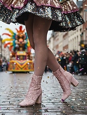 cheap Women's Shoes-Women's Mardi Gras Pink Lace-Up Festival Ankle Boots – Stylish Chunky Heels for Carnivals, Parades and Celebrations
