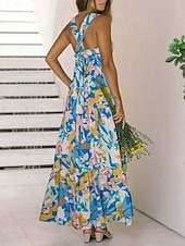 tanie Sukienki kwiatowe-Damskie Sukienka maxi Sukienka A line Sukienka na ramiączkach Urlop Codzienny Na zewnątrz Wyjściowe Luźna Kwiaty Graficzny Bez rękawów Cienkie ramiączka Niebieski Błękit nieba Pomarańczowy Zielony