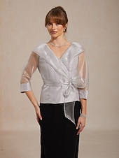  Dame Dressy topper Rynket Illusjon Helfarge Elegant 3/4 ermer V-hals Vanlige topper Bryllupsgjest Cocktail antrekk lysegrå Sommer Vår Høst