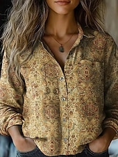 preiswerte Boho Tops-Damen Hemd Boho-Hemd Knöpfe Druck Blumen Vintage Stilvoll Ethnisch Langarm Hemdkragen Normale Oberteile Täglich Ferien Ausgehen Wein Khaki Frühling Herbst