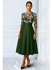  А-силуэт Ниже колена Вышивка бисером Вечернее платье Платье матери невесты коктейльные платья Платья для вечеринок Элегантный стиль Рукав 3/4 Вырез под горло Вечеринка в саду Свадьба Сатин Кружева с