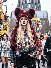 levne Příslušenství-Dámská punková kožišinová čepice s kočkou na Mardi Gras v několika barvách trendy design s křížovými detaily perfektní pro karneval a maškarní plesy