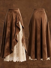 abordables Faldas-Mujer Vintage Moda Casual Maxi Alta cintura Faldas Plano Encaje Retazos Rígido Microelástico Diario Calle Marrón Primavera
