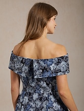  Femmes Robe maxi Robe à épaules dénudées Robe bustier Élégant Soirée Jacquard Fleuri Sans manches Épaules Dénudées Bleu