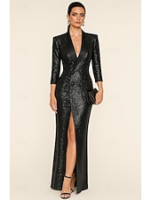 economico Abiti da smoking-Per donna Abito blazer Abito da smoking Guaina Affari Formale Ospite di nozze Raso Strass Elegante Spacco Alto Manica 3/4 Lunghezza al pavimento Bavero a lancia Doppiopetto