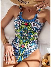 preiswerte Einteilige Badeanzüge-Damen Einteiler Badeanzug Slimming Boho Monokini Bauchkontrolle Hohe Taille Slim Rückenfrei Urlaub Strandmode Blumen U-Ausschnitt ärmellos Schwimmsuits