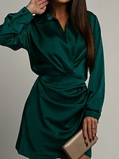 abordables mini robe noire-Femmes Mini Robe Robe en Satin Robe Chemise Robe froncée Moderne Quotidien Sortir Week-end Coupe régulière Uni manche longue Col de chemise Noir Vert foncé Marron Rose rouge Printemps Automne