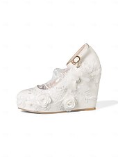 abordables novia-Zapatos de boda de cuña con encaje floral color marfil para mujer: tacones de plataforma con correa en el tobillo, estilo romántico y elegante para novias en bodas urbanas.