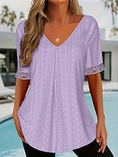 cheap Plain tee-Women's T Shirt Lace Embroidered Plain Elegant Fashion Modern Short Sleeve V Neck Regular Tops Daily Weekend Blue Pink Purple Summer Spring