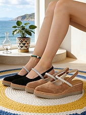 preiswerte Keilsandalen-Schwarze Slingback-Keilsandalen für Damen – bequeme Espadrille-Sandalen mit Strassriemen, perfekt für Urlaub, Strand und lässige Sommerausflüge