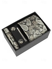 preiswerte Hochzeit ACC-Geschenkset für Herren aus Polyester mit Paisley-Muster: Krawatte, Manschettenknöpfe, Einstecktuch und Krawattenklammer – perfekt für Hochzeiten und als Geschenk.